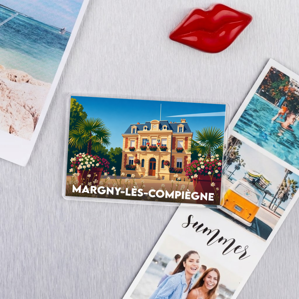 Magnet souvenir de la ville de Margny-lès-Compiègne avec une illustration stylisée de son hôtel de ville.