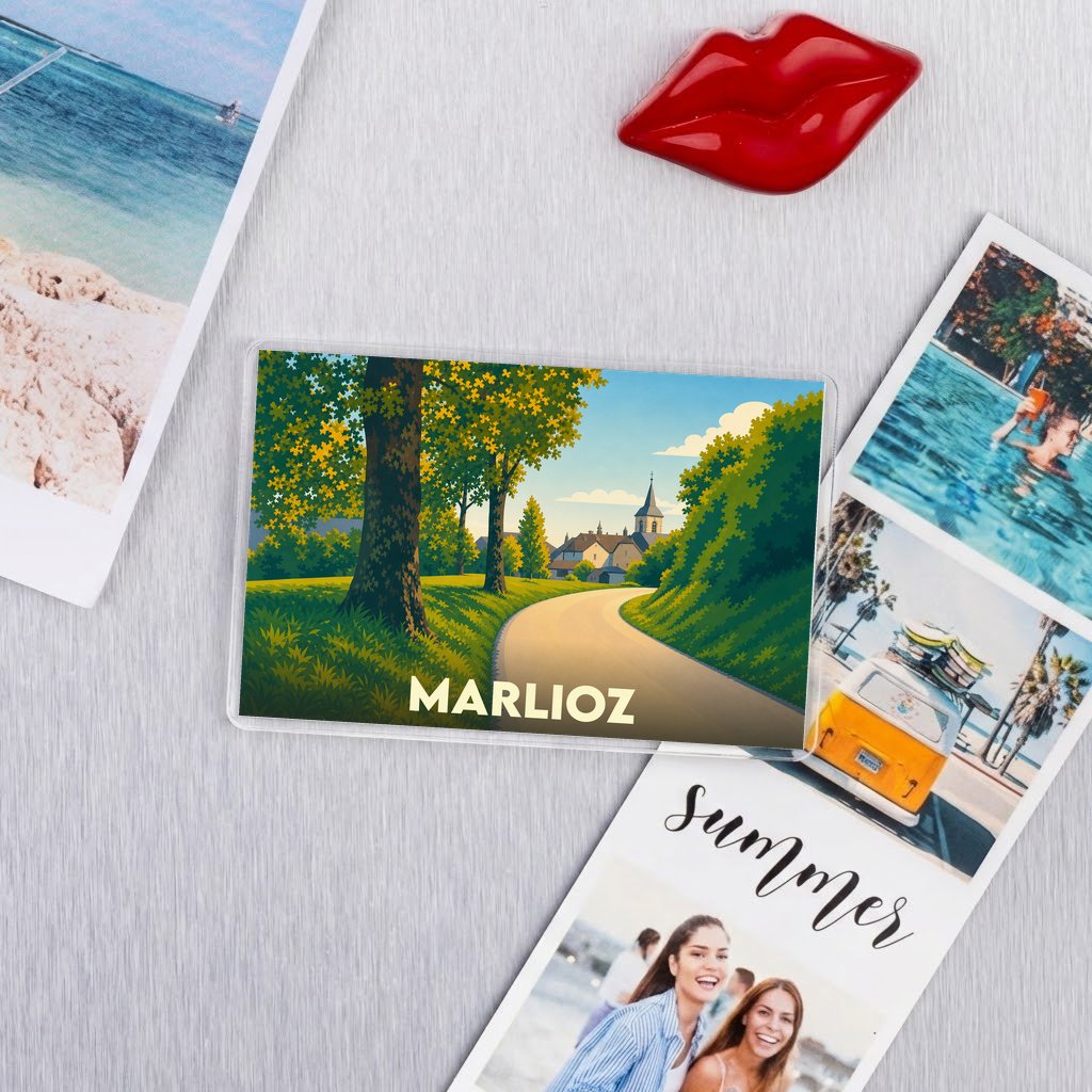 Magnet souvenir de la ville de Marlioz avec une illustration stylisée.