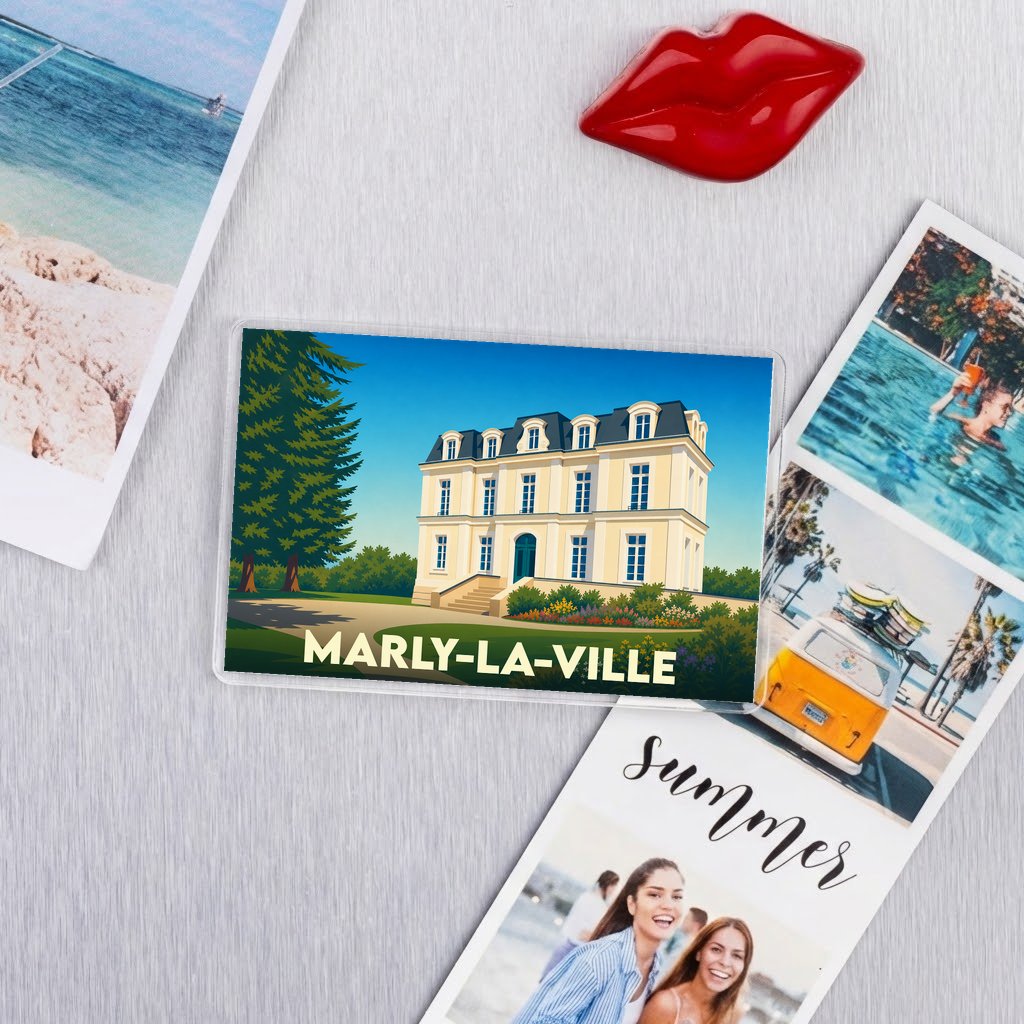 Magnet souvenir de la ville de Marly-la-Ville avec une illustration stylisée d'un château.