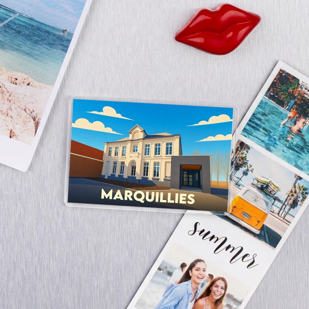Magnet souvenir de la ville de Marquillies avec une illustration stylisée de sa mairie.