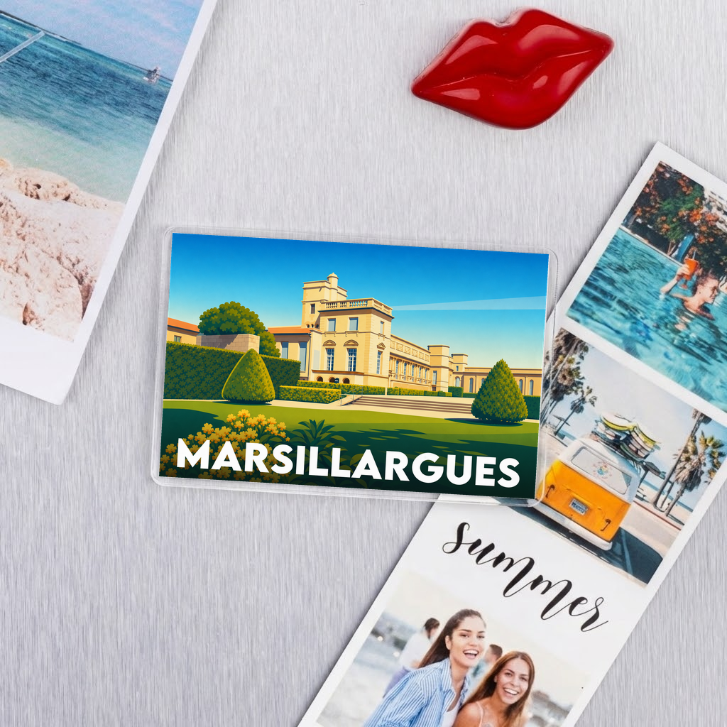 Magnet souvenir de la ville de Marsillargues avec une illustration stylisée.