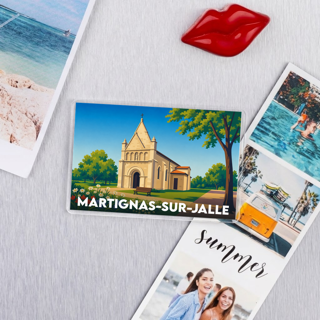 Magnet souvenir de la ville de Martignas-sur-Jalle avec une illustration stylisée de son église.