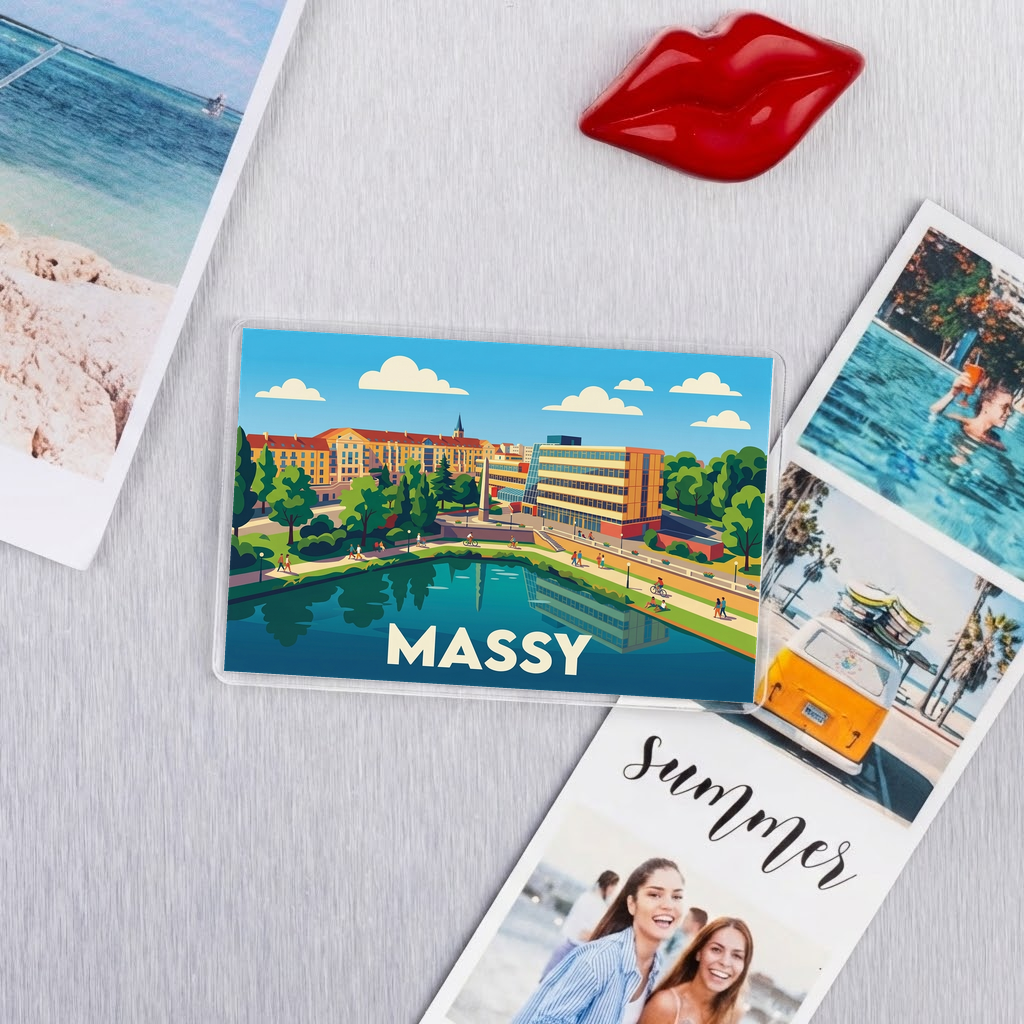 Magnet souvenir de la ville de Massy avec une illustration stylisée.