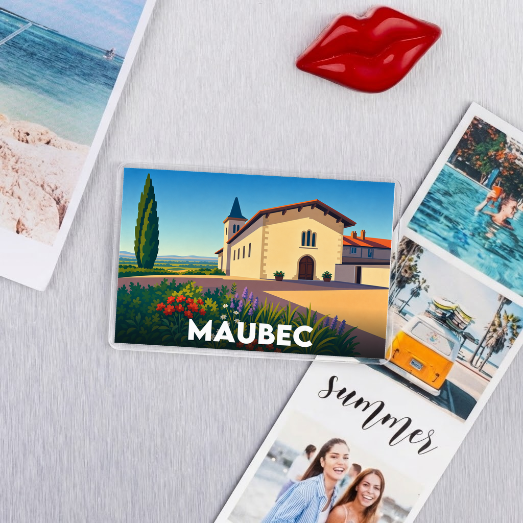 Magnet souvenir de la ville de Maubec avec une illustration stylisée.