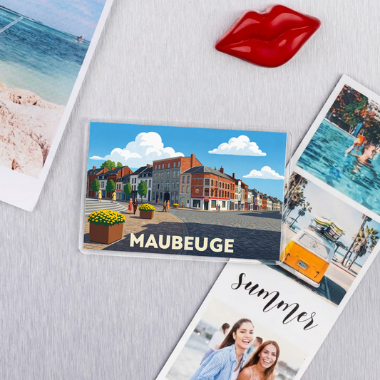 Magnet souvenir de la ville de Maubeuge avec une illustration stylisée.