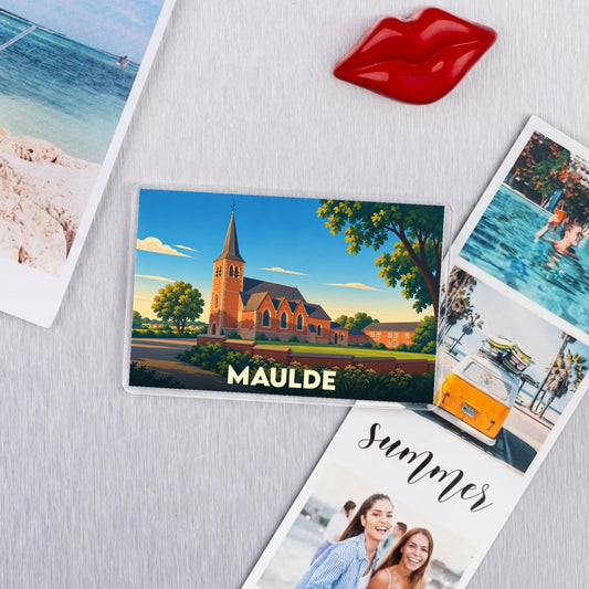 Magnét souvenir de la ville de Maulde avec une illustration stylisée de son église.