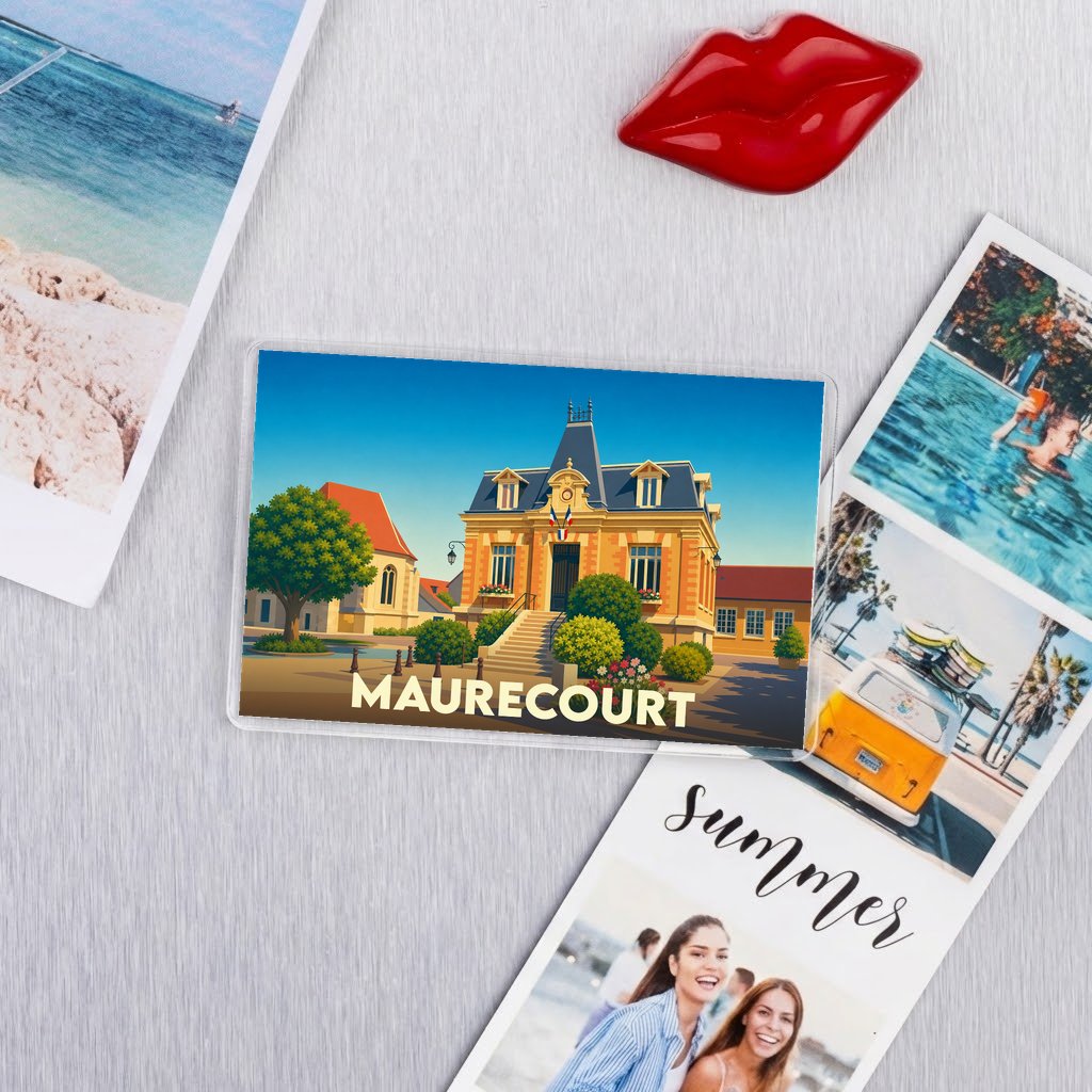Magnet souvenir de la ville de Maurecourt avec une illustration stylisée de l'hôtel de ville.