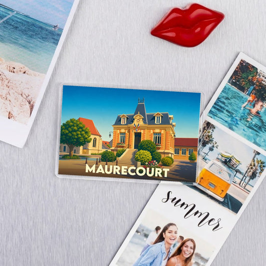 Magnet souvenir de la ville de Maurecourt avec une illustration stylisée de l'hôtel de ville.