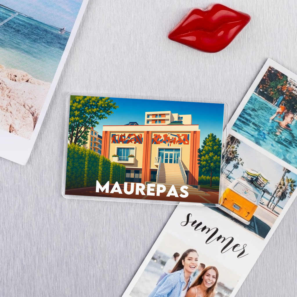 Magnet souvenir de la ville de Maurepas avec une illustration stylisée.