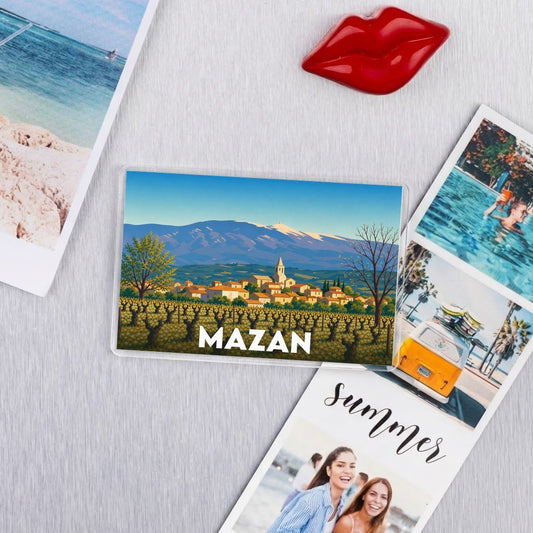 Magnét souvenir de la ville de Mazan avec une illustration stylisée.