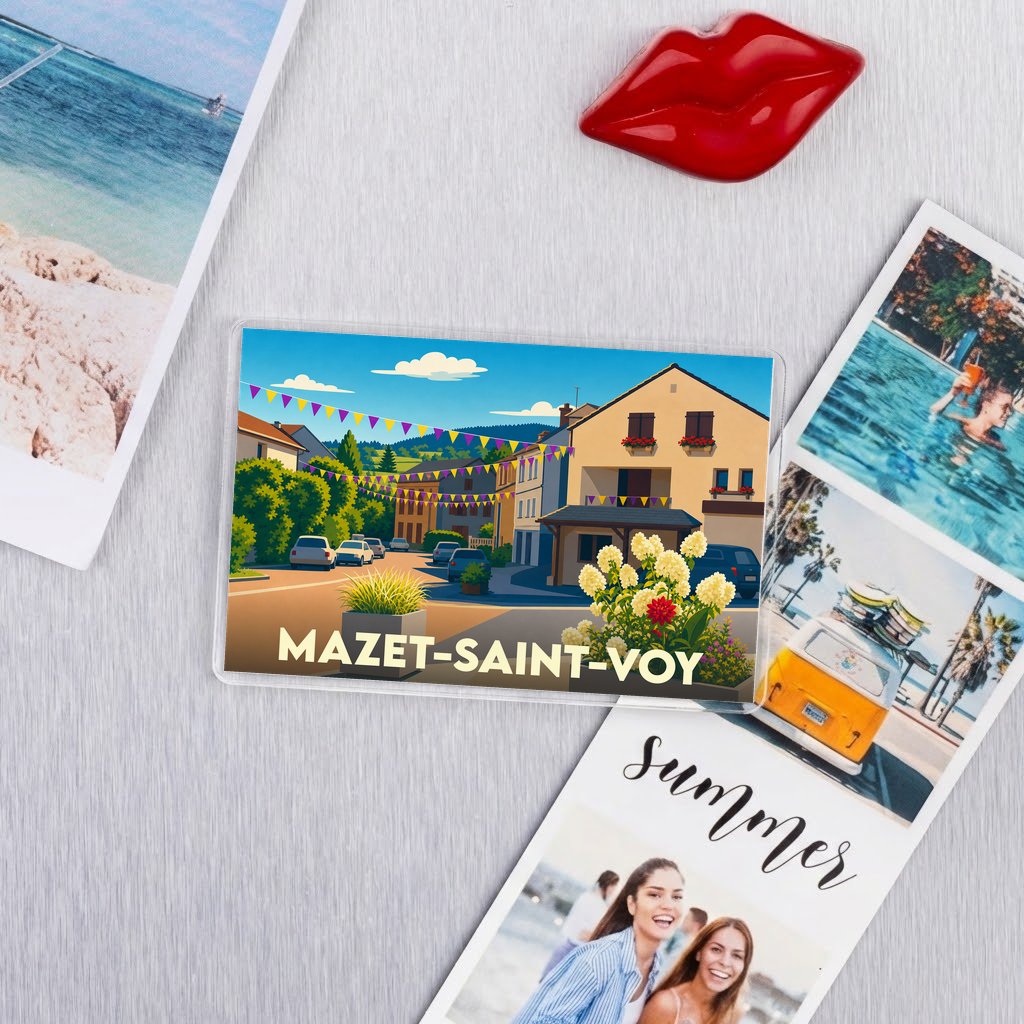 Magnet souvenir de la ville de Mazet-Saint-Voy avec une illustration colorée et stylisée d'une rue du village.