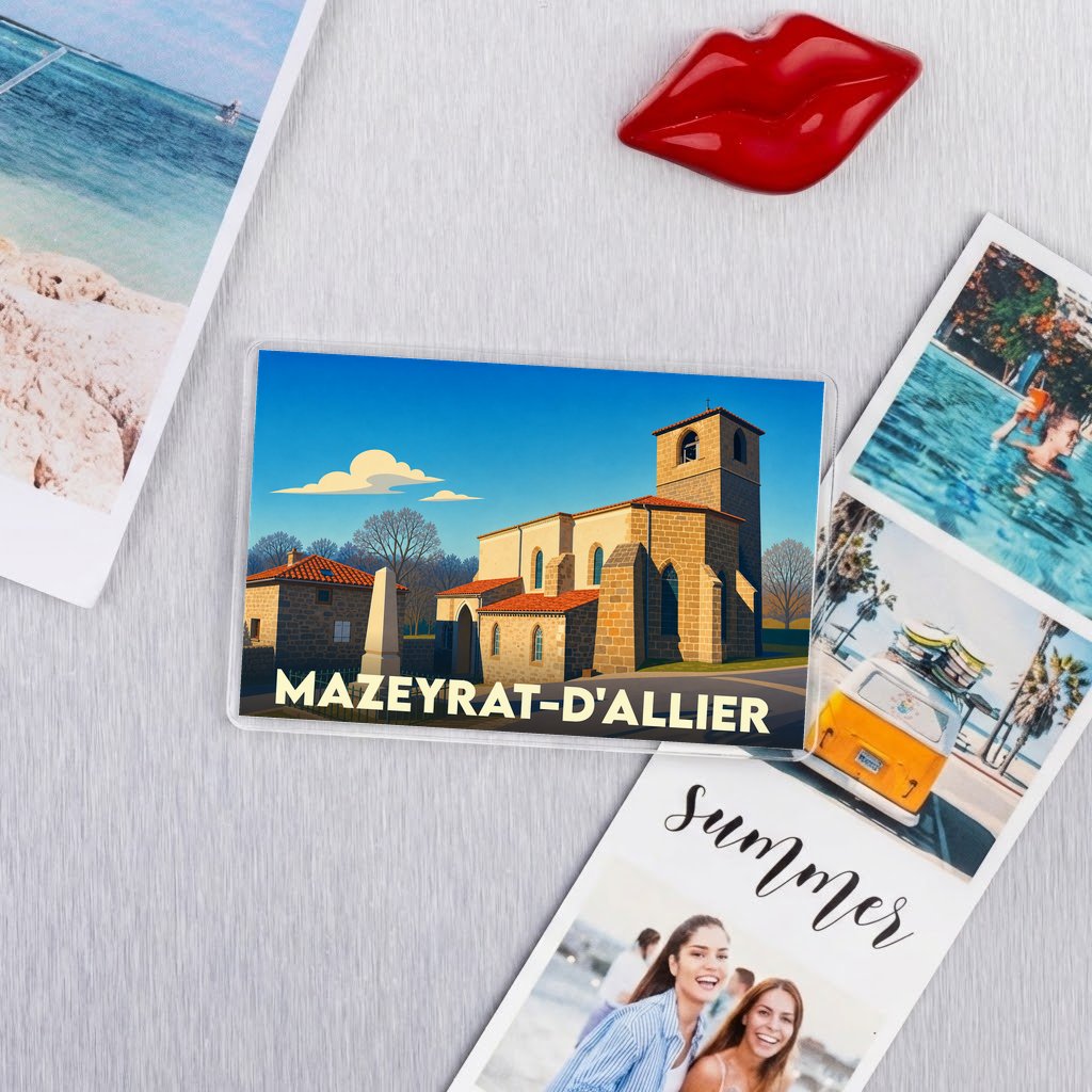 Magnat souvenir de la ville de Mazeyrat-d'Allier avec une illustration stylisée de son église.
