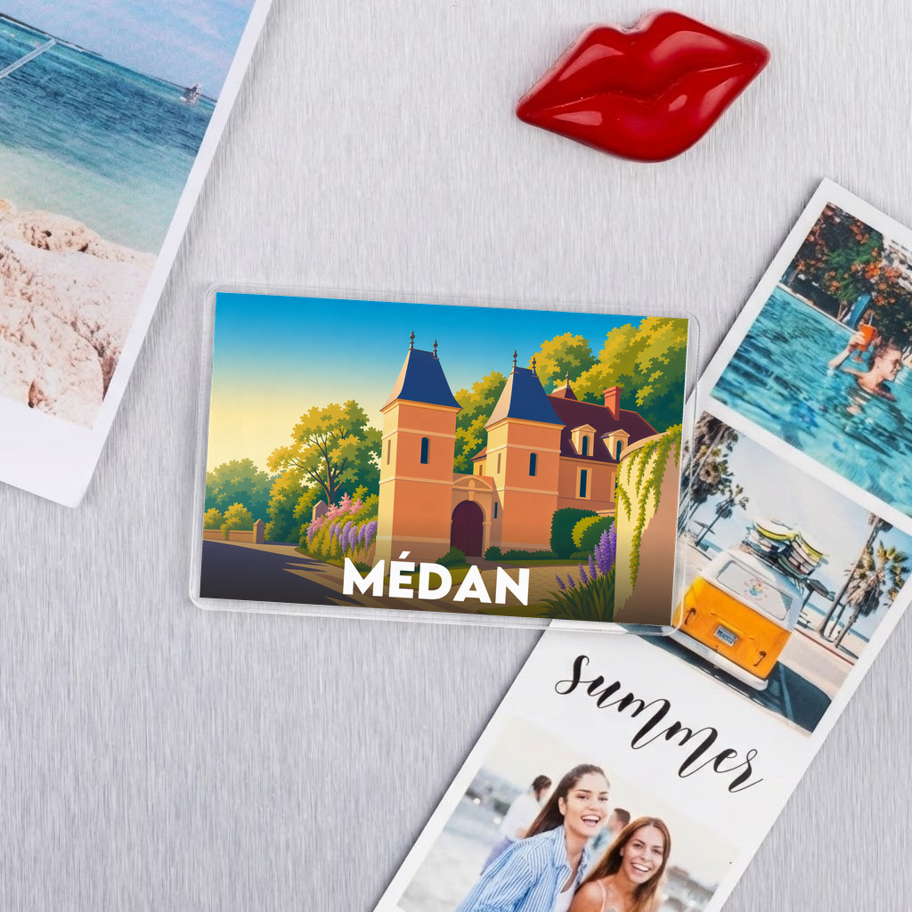 Magnet souvenir de la ville de Médan avec une illustration stylisée.