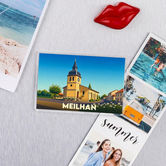 Magnet souvenir de la ville de Meilhan avec une illustration stylisée de son église.