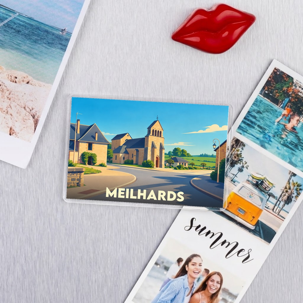 Magnet souvenir de la ville de Meilhards avec une illustration stylisée.
