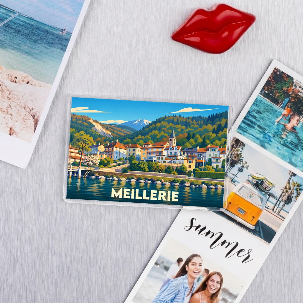 Magnet souvenir de la ville de Meillerie avec une illustration colorée et stylisée du bord de lac.