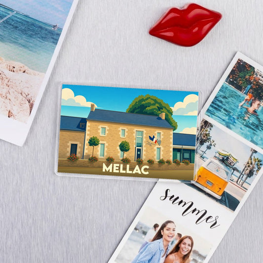 Magnet souvenir de la ville de Mellac avec une illustration stylisée de sa mairie.