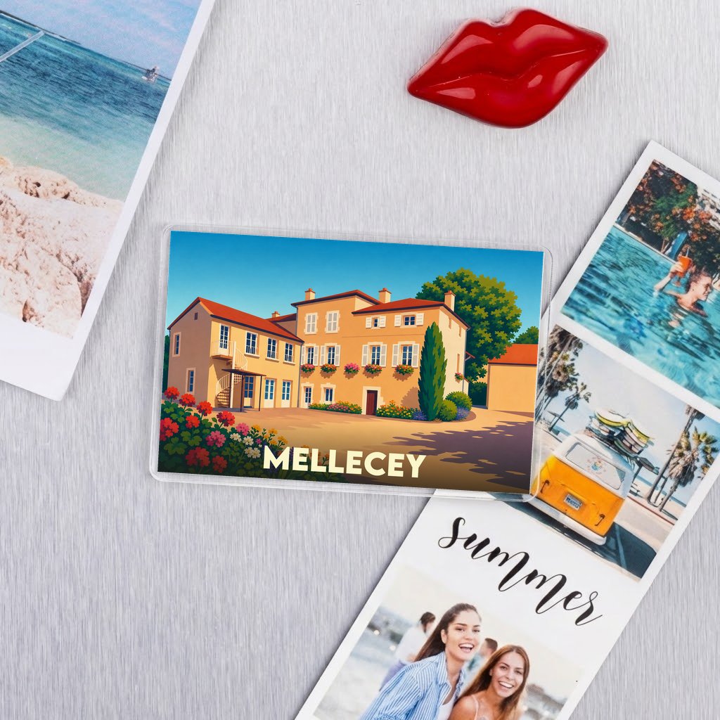 Magnet souvenir de la ville de Mellecey avec une illustration stylisée d'une maison de campagne.