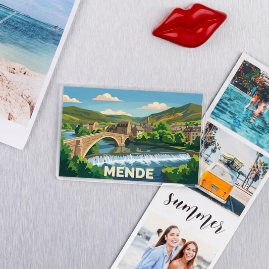 Magnet souvenir de la ville de Mende avec une illustration stylisée.