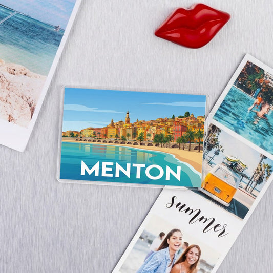 Magnet souvenir de la ville de Menton avec une illustration stylisée de son front de mer coloré.