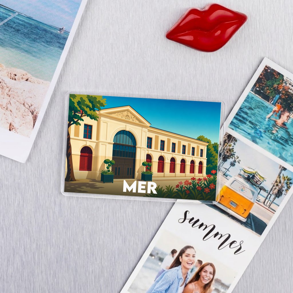 Magnet souvenir de la ville de Mer avec une illustration stylisée d'un bâtiment historique.