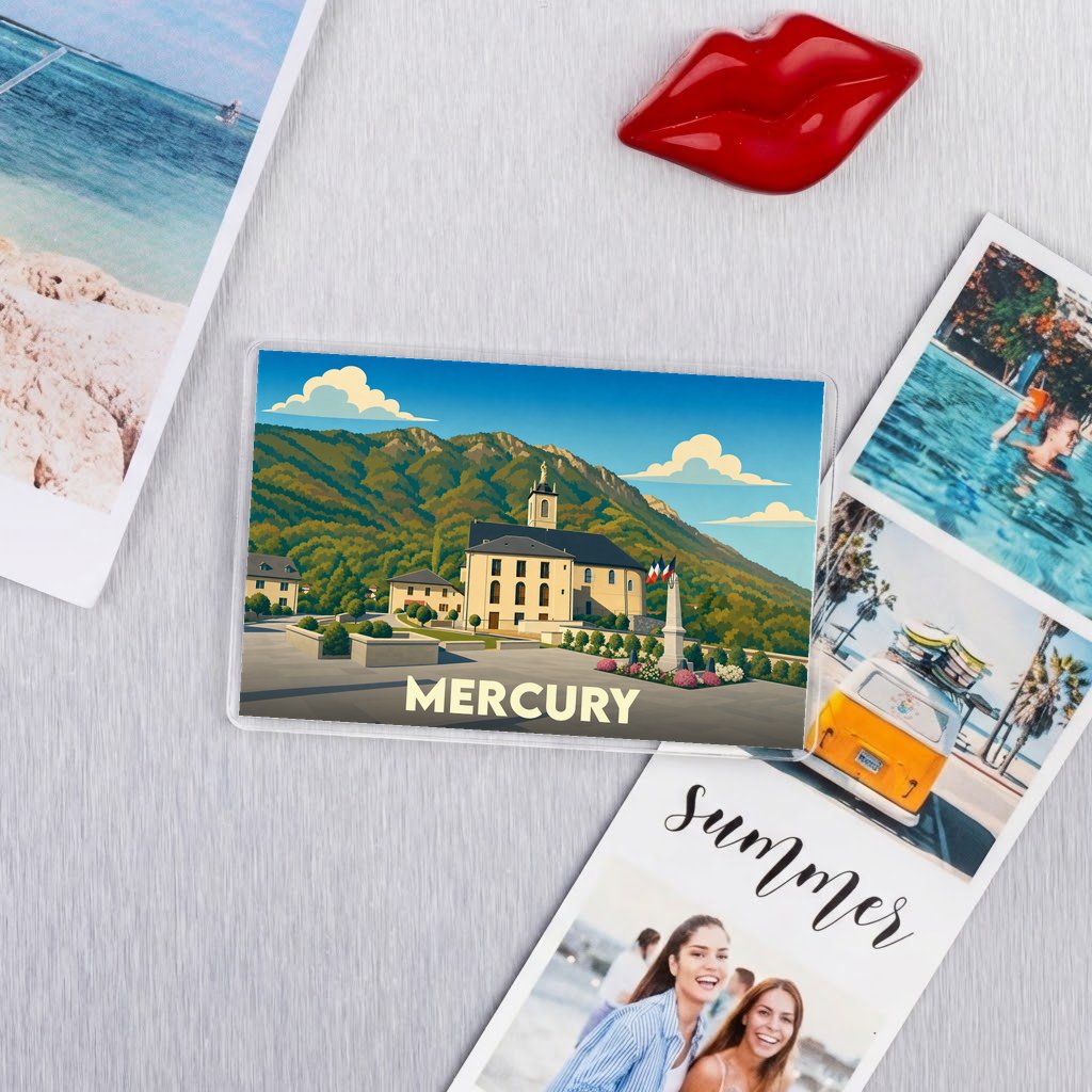 Magnet souvenir de la ville de Mercury avec une illustration stylisée d'un paysage montagneux.