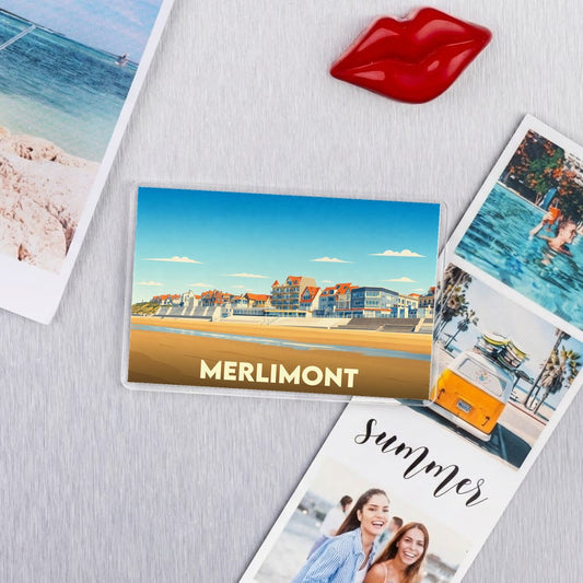 Magnet souvenir de la ville de Merlimont avec une illustration stylisée de son front de mer.