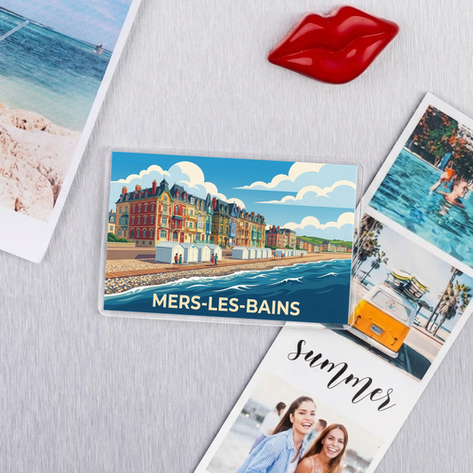 Magnet souvenir de la ville de Mers-les-Bains avec une illustration stylisée.