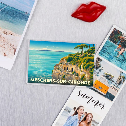 Magnet souvenir de la ville de Meschers-sur-Gironde avec une illustration stylisée de ses falaises.