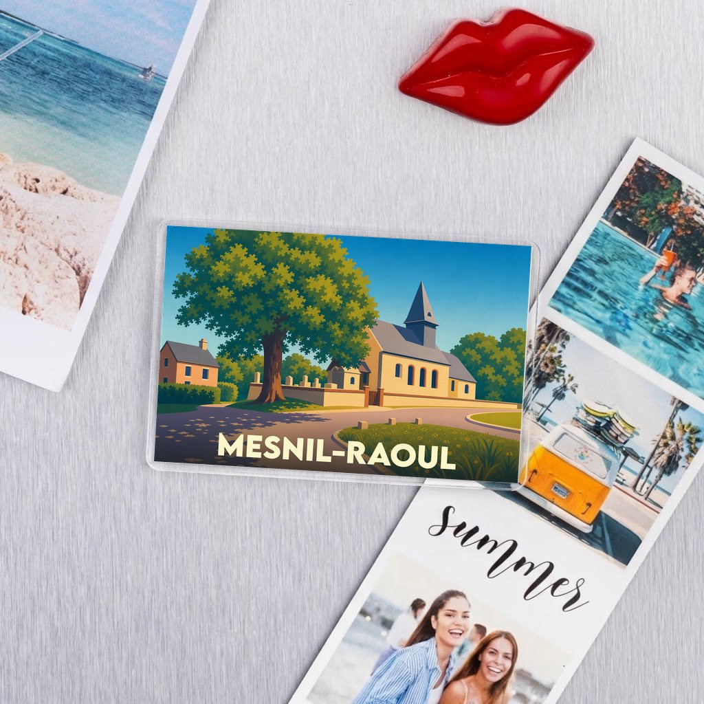Magnet souvenir de la ville de Mesnil-Raoul avec une illustration stylisée d'une église et d'un grand arbre.