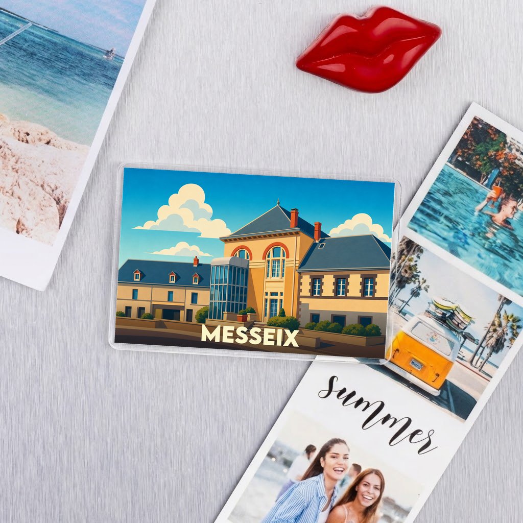 Magnet souvenir de la ville de Messeix avec une illustration stylisée de son architecture.