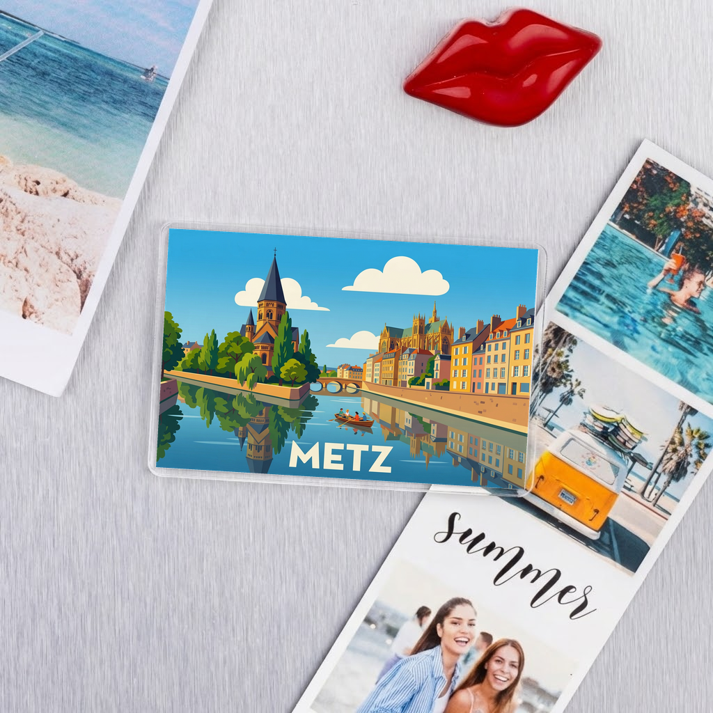 Magnet souvenir de la ville de Metz avec une illustration stylisée de ses monuments.