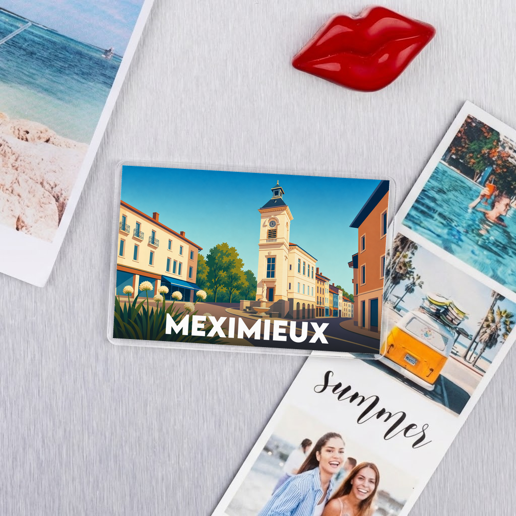 Magnet souvenir de la ville de Meximieux avec une illustration colorée et stylisée.