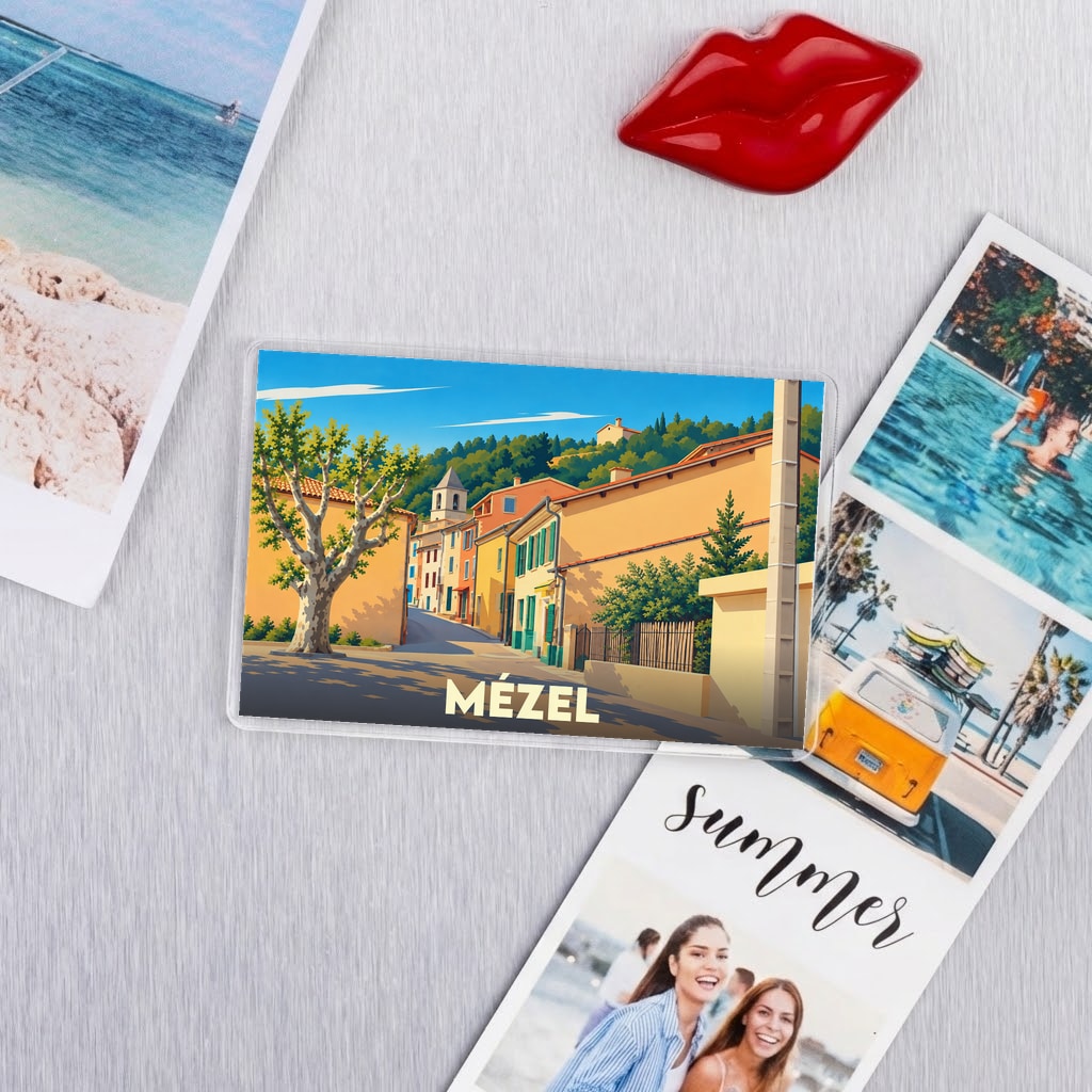 Magnet souvenir de la ville de Mézel avec une illustration stylisée.