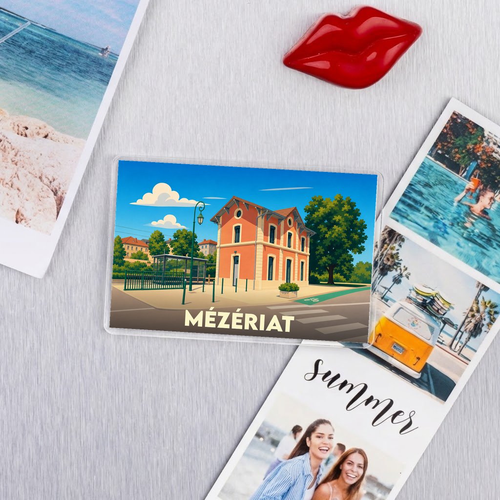 Magnet souvenir de la ville de Mézériat avec une illustration stylisée de sa gare.