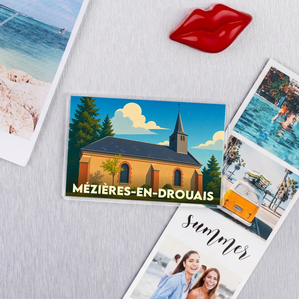 Magnet souvenir de la ville de Mézières-en-Drouais avec une illustration stylisée de son église.