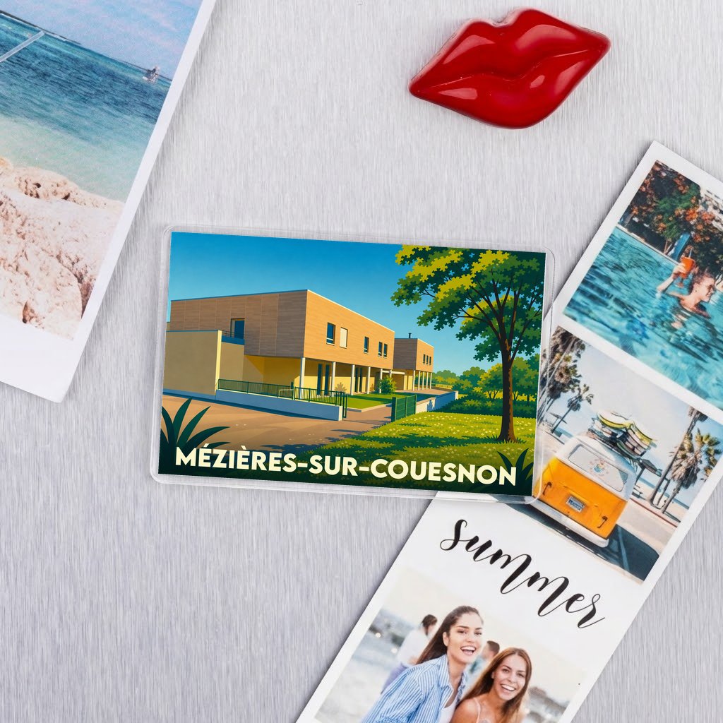 Magnet souvenir de la ville de Mézières-sur-Couesnon avec une illustration stylisée.