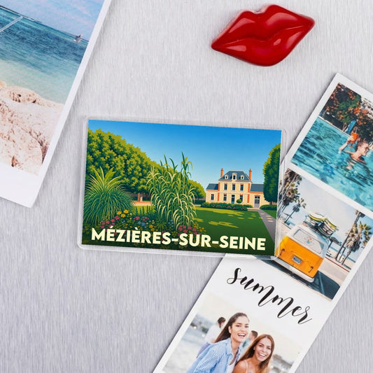Magnet souvenir de la ville de Mézières-sur-Seine avec une illustration stylisée d'un parc et de son château.
