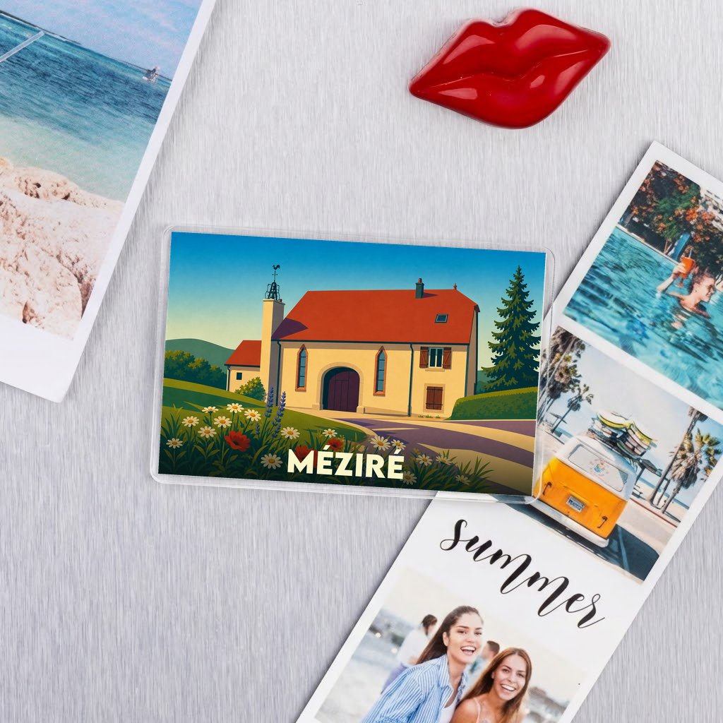 Magnet souvenir de la ville de Méziré avec une illustration stylisée d'un bâtiment typique.