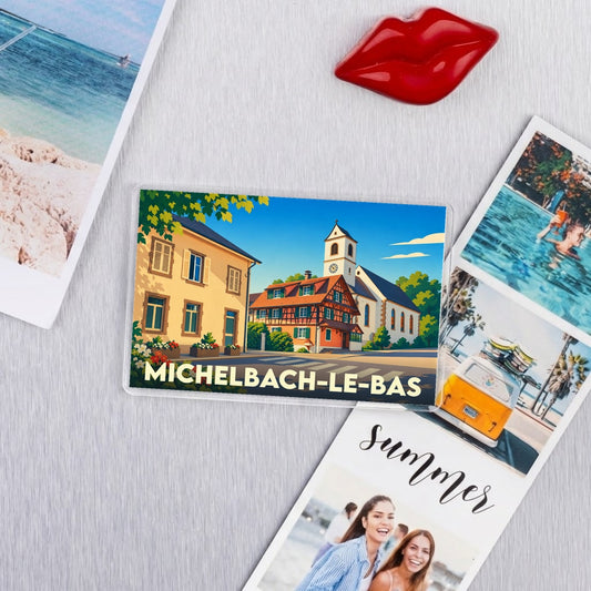 Magnet souvenir de la ville de Michelbach-le-Bas avec une illustration stylisée et colorée.