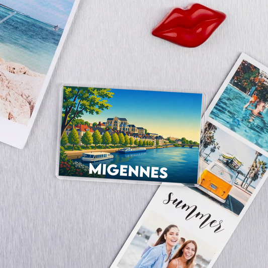 Magnet souvenir de la ville de Migennes avec une illustration stylisée des bords de l'Yonne.
