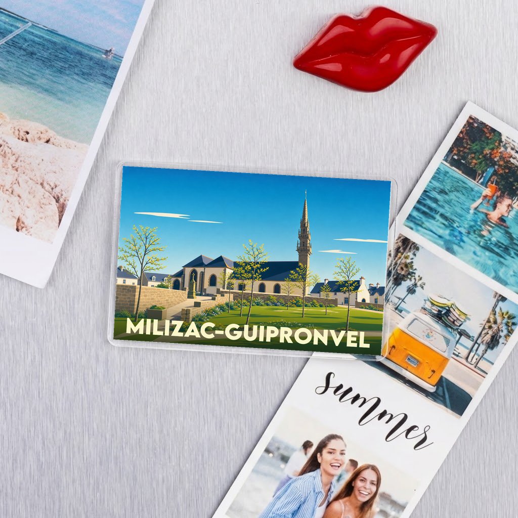 Magnet souvenir de la ville de Milizac-Guipronvel avec une illustration stylisée.