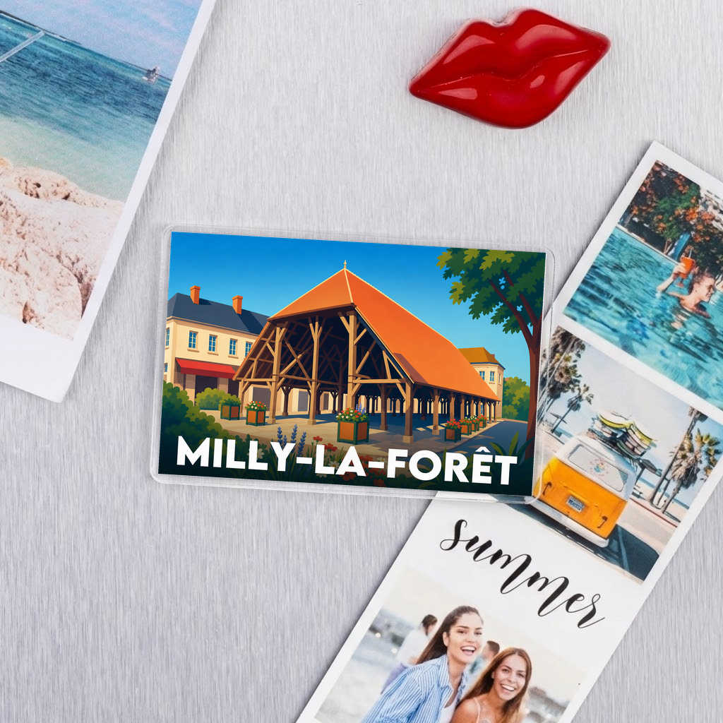 Magnet souvenir de la ville de Milly-la-Forêt avec une illustration stylisée de sa halle historique.