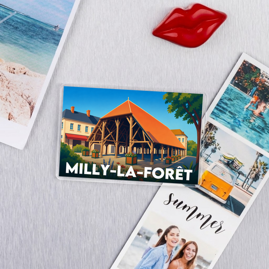 Magnet souvenir de la ville de Milly-la-Forêt avec une illustration stylisée de sa halle historique.