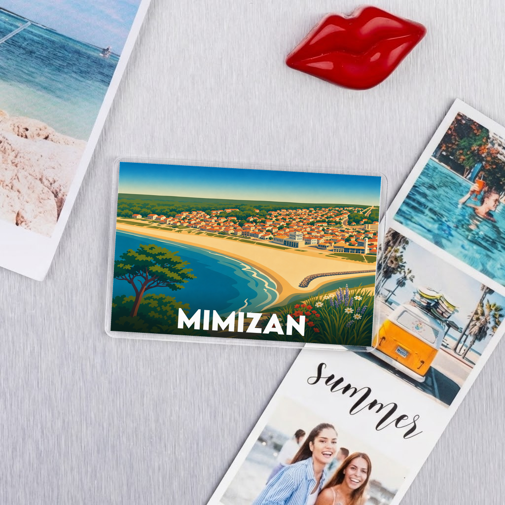 Magnet souvenir de la ville de Mimizan avec une illustration stylisée de sa plage et de son littoral.