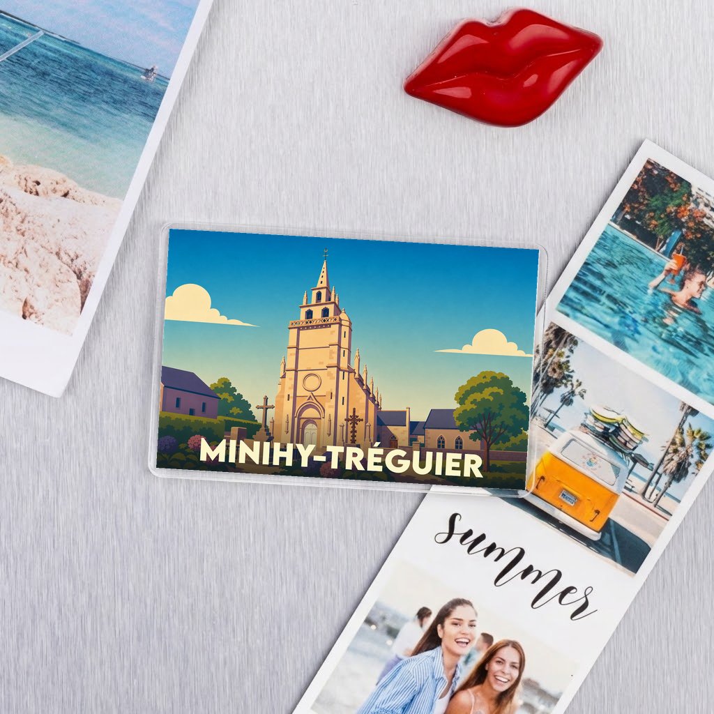 Magnet souvenir de la ville de Minihy-Tréguier avec une illustration stylisée de son église.