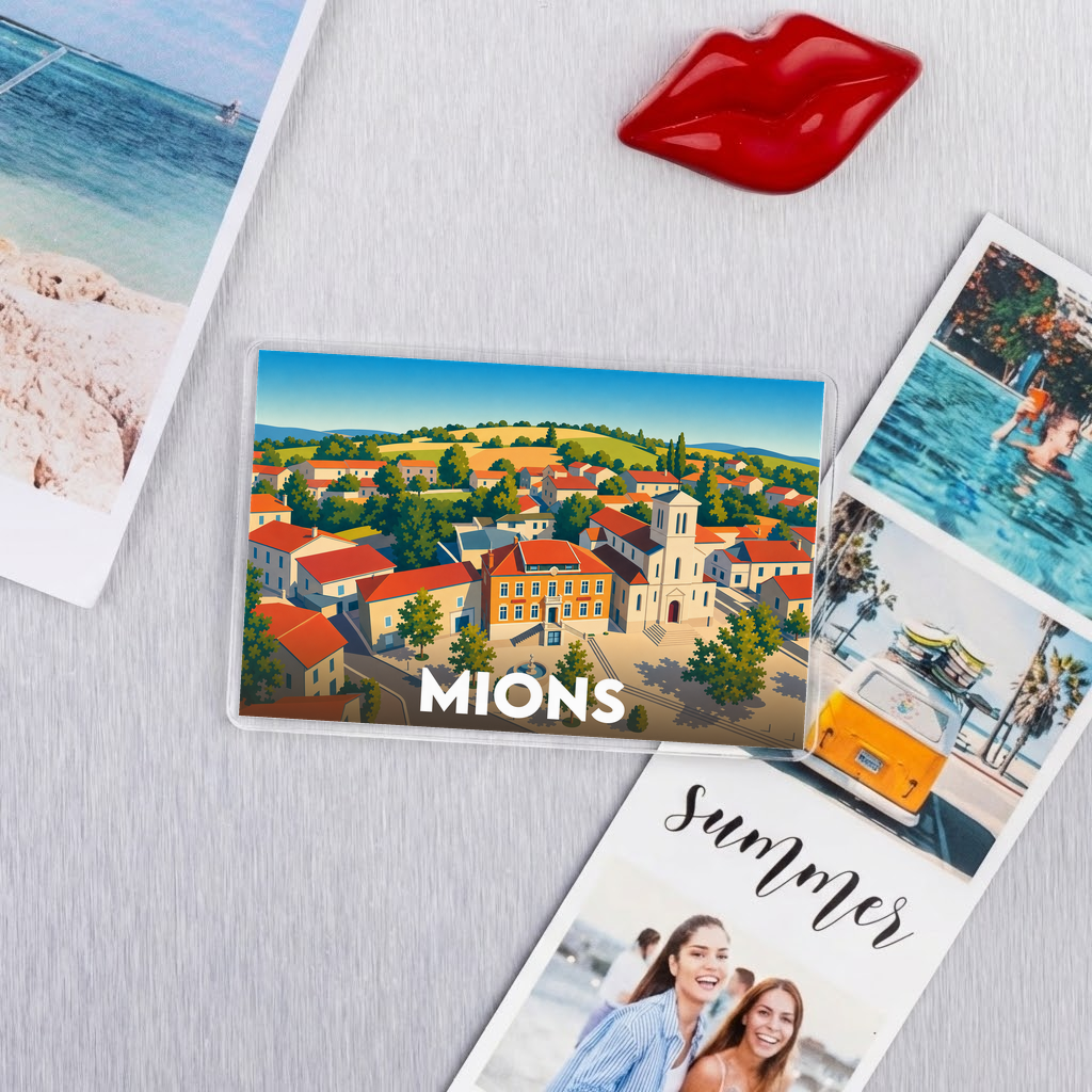 Magnet souvenir de la ville de Mions avec une illustration stylisée et colorée.