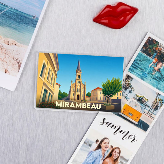 Magnet souvenir de la ville de Mirambeau avec une illustration stylisée.