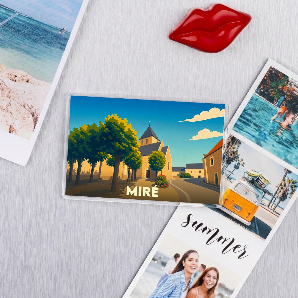Magnet souvenir de la ville de Miré avec une illustration stylisée.