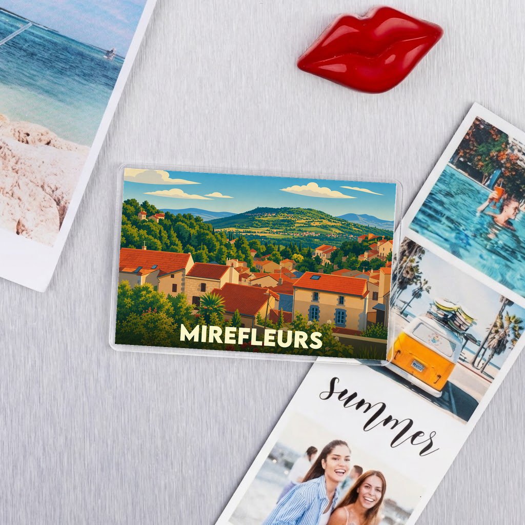 Magnet souvenir de la ville de Mirefleurs avec une illustration stylisée d'un village vallonné.